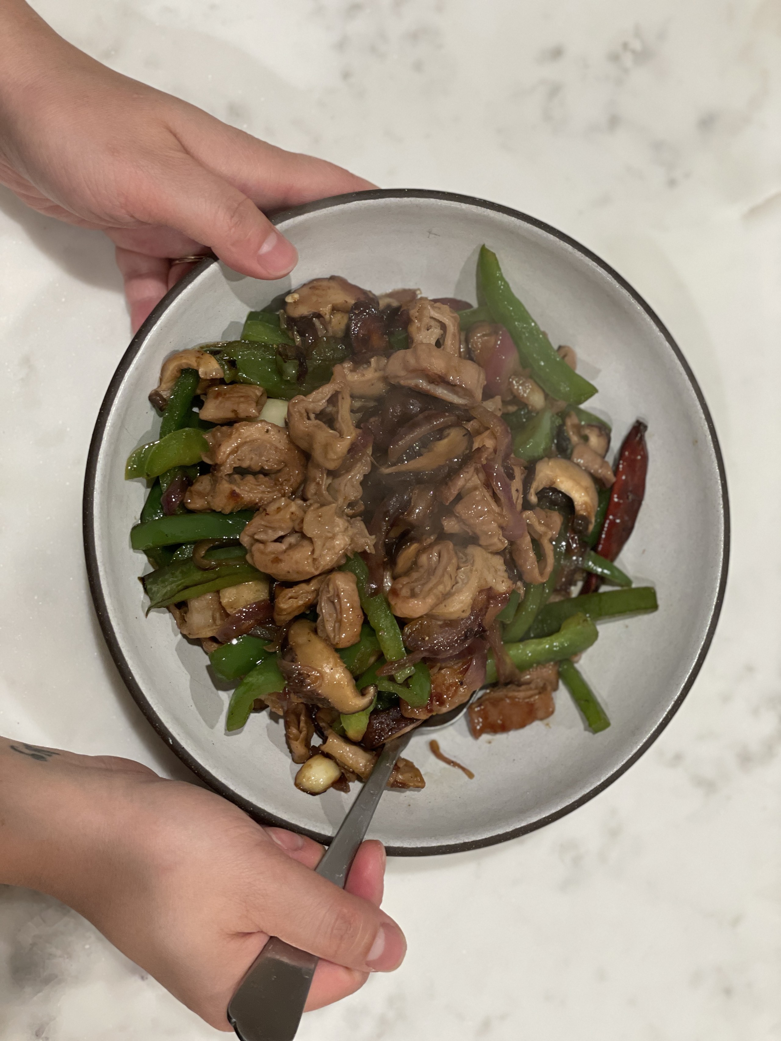 A photograph taken from above shows to light-skinned hands holding a stir-fry dish made up of a meat, green peppers, and other undistinguishable ingredients atop a white and grey marble table.