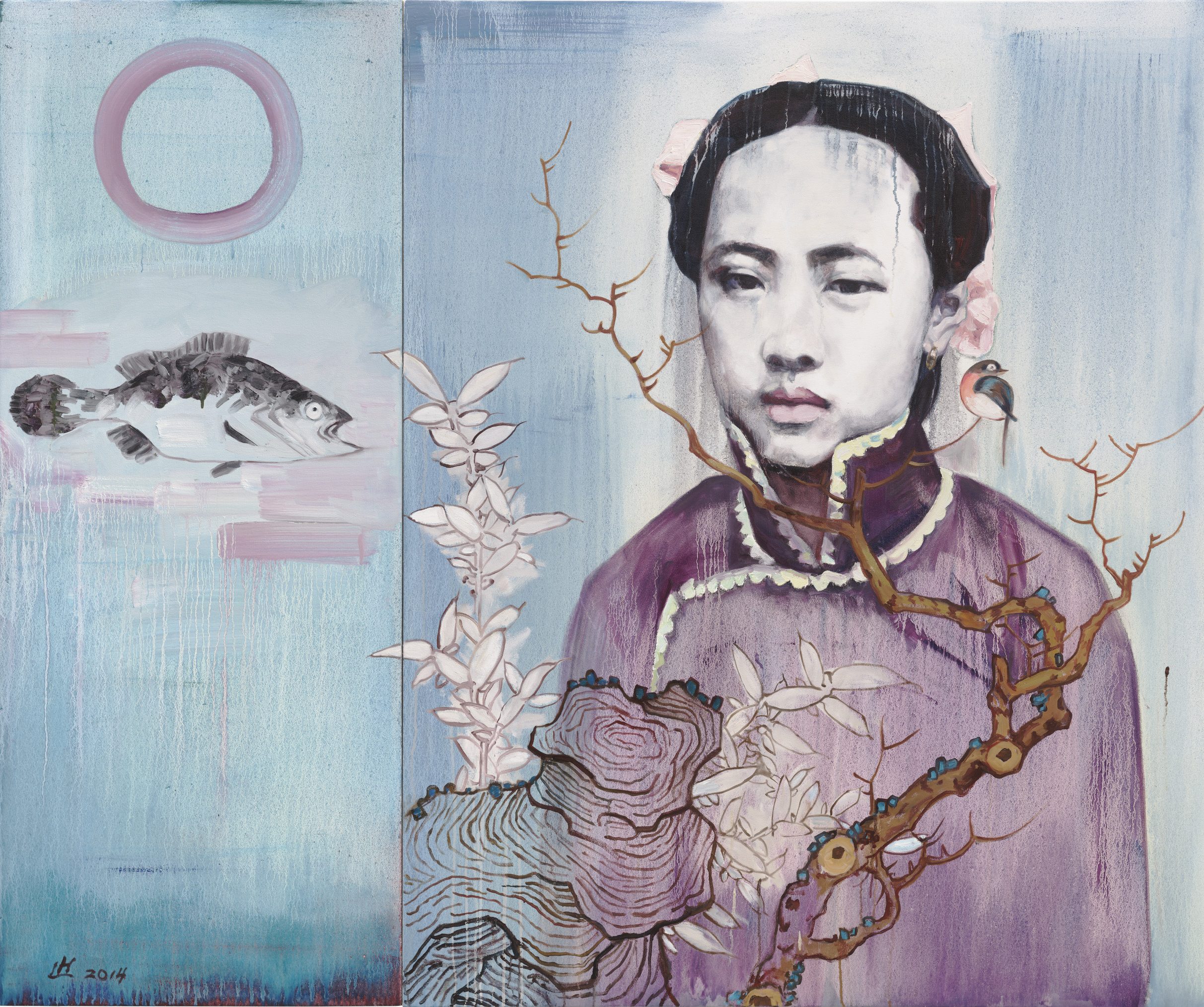 A painting of a light-skinned woman of Asian descent in a cool-toned palette with lavenders and icy blues. This woman’s body is layered under bare branches with white bamboo leaves and an illustration of a scholar’s rock.