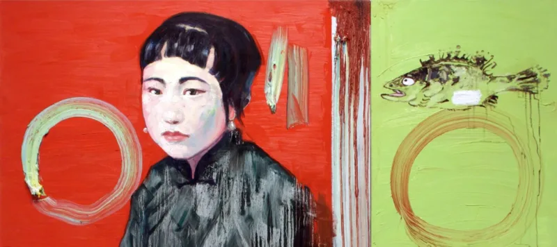 A painting of a light-skinned woman of Asian descent atop complementary colors of orange-red next to lime green. The shorthaired woman holds a pink handkerchief. To her right is a sad looking fish.