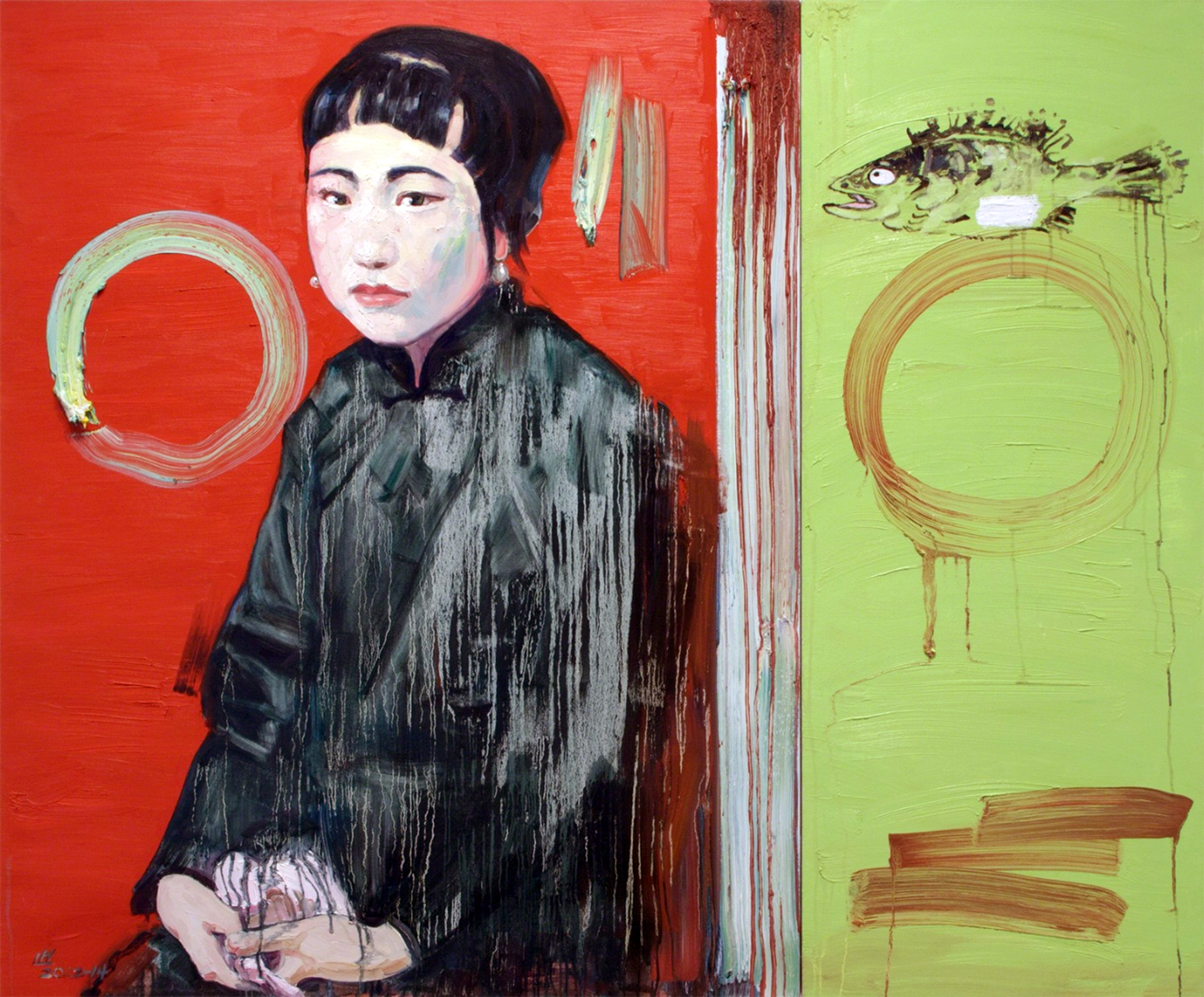 A painting of a light-skinned woman of Asian descent atop complementary colors of orange-red next to lime green. The shorthaired woman holds a pink handkerchief. To her right is a sad looking fish.