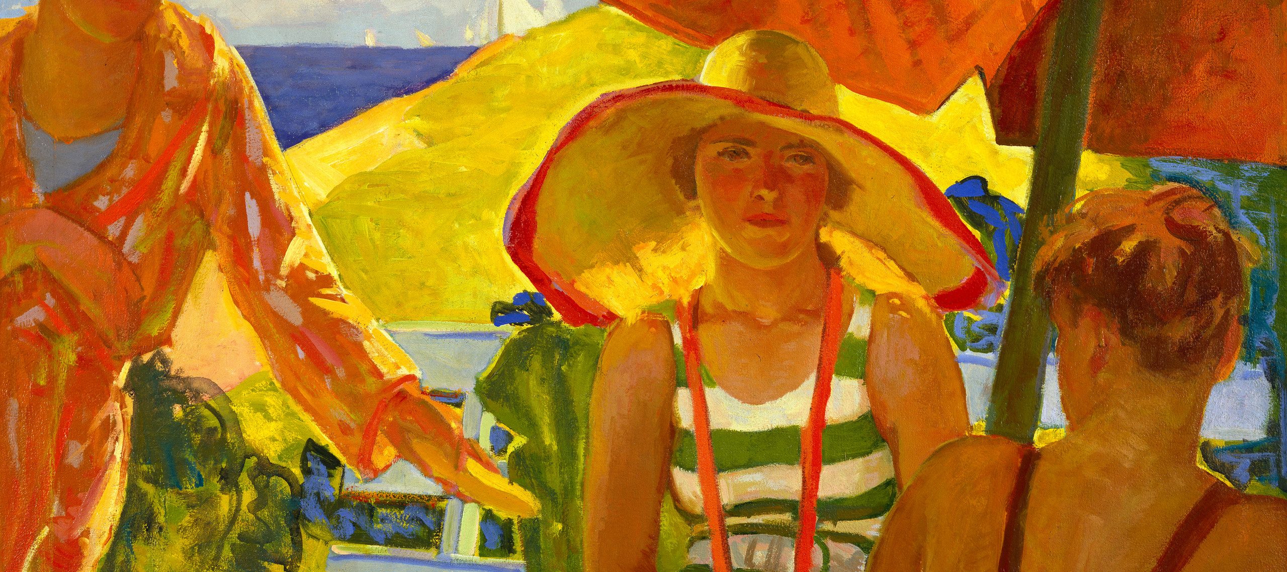 A painting of three light-skinned women sitting under an orange umbrella with a deep blue ocean and a few small sailboats in the background. The central figure sits on a white bench facing the viewer with her hands folded in her lap. She wears a green and white striped bathing suit with a white belt from the 1930s and a large brimmed yellow hat with a bright orange stripe around the edge of the brim.