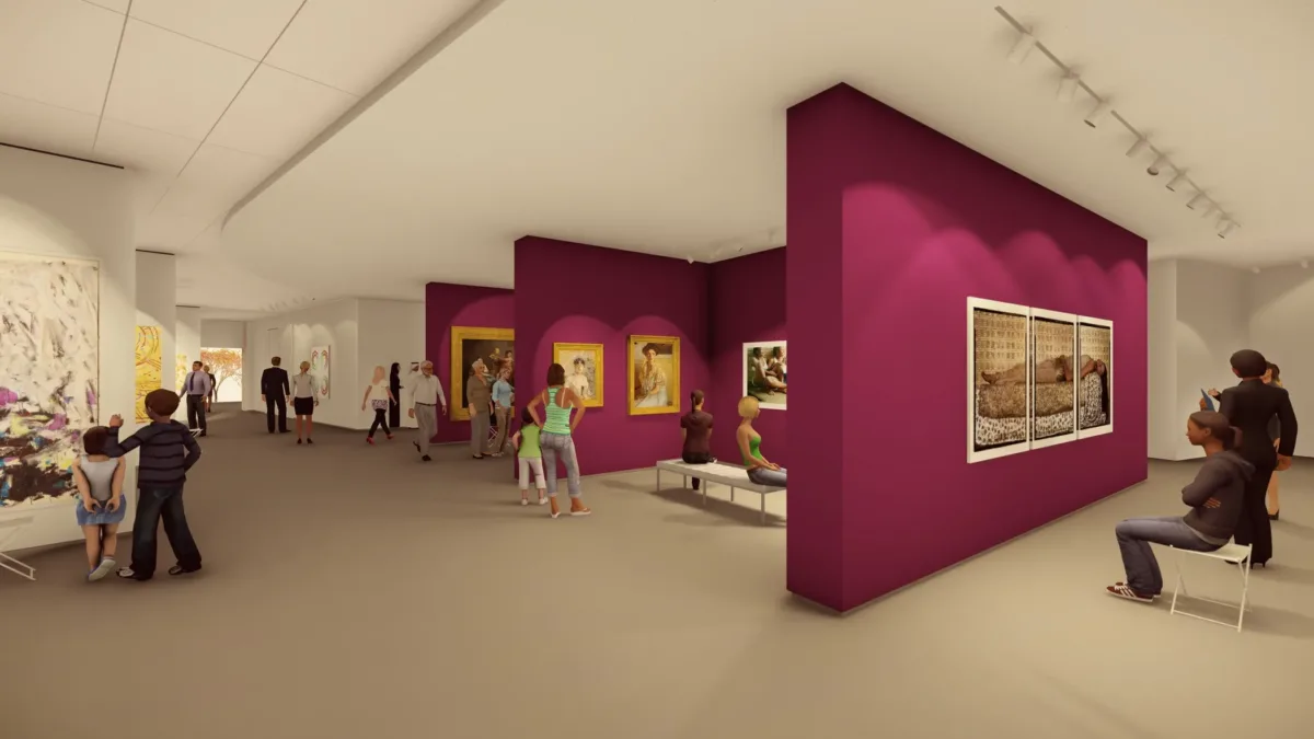 Architectural rendering of the gallery. People of all ages look at artwork hung on white and magenta walls.