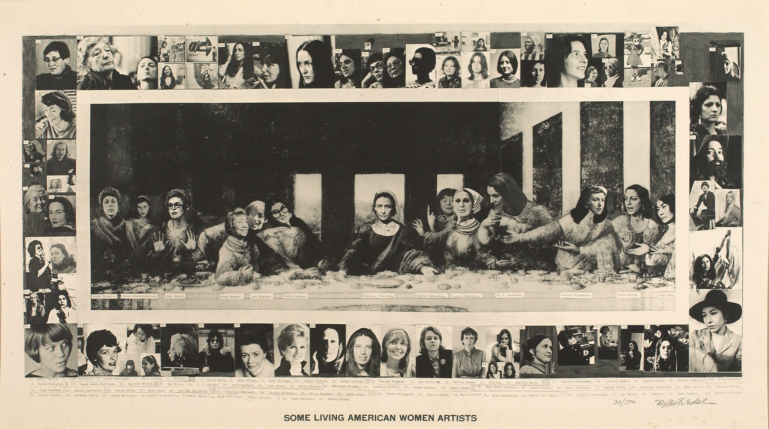 A sepia-toned lithograph print featuring the faces of many American women artists framed around a "last supper"-esque reproduction with all women, seemingly collaged.