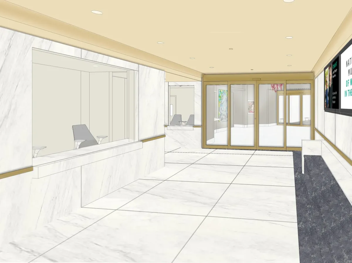 Architectural rendering of the museum lobby with glass doors, screen, and admission area.