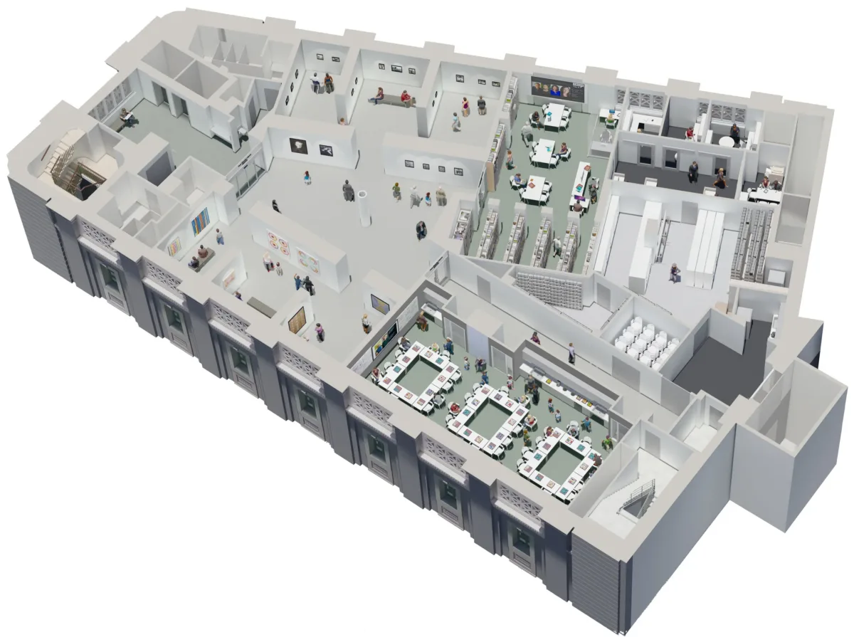 Birds-eye rendering of what the fourth floor will look like, includes a view of the new Library learning commons, the Education Center, and new gallery space..