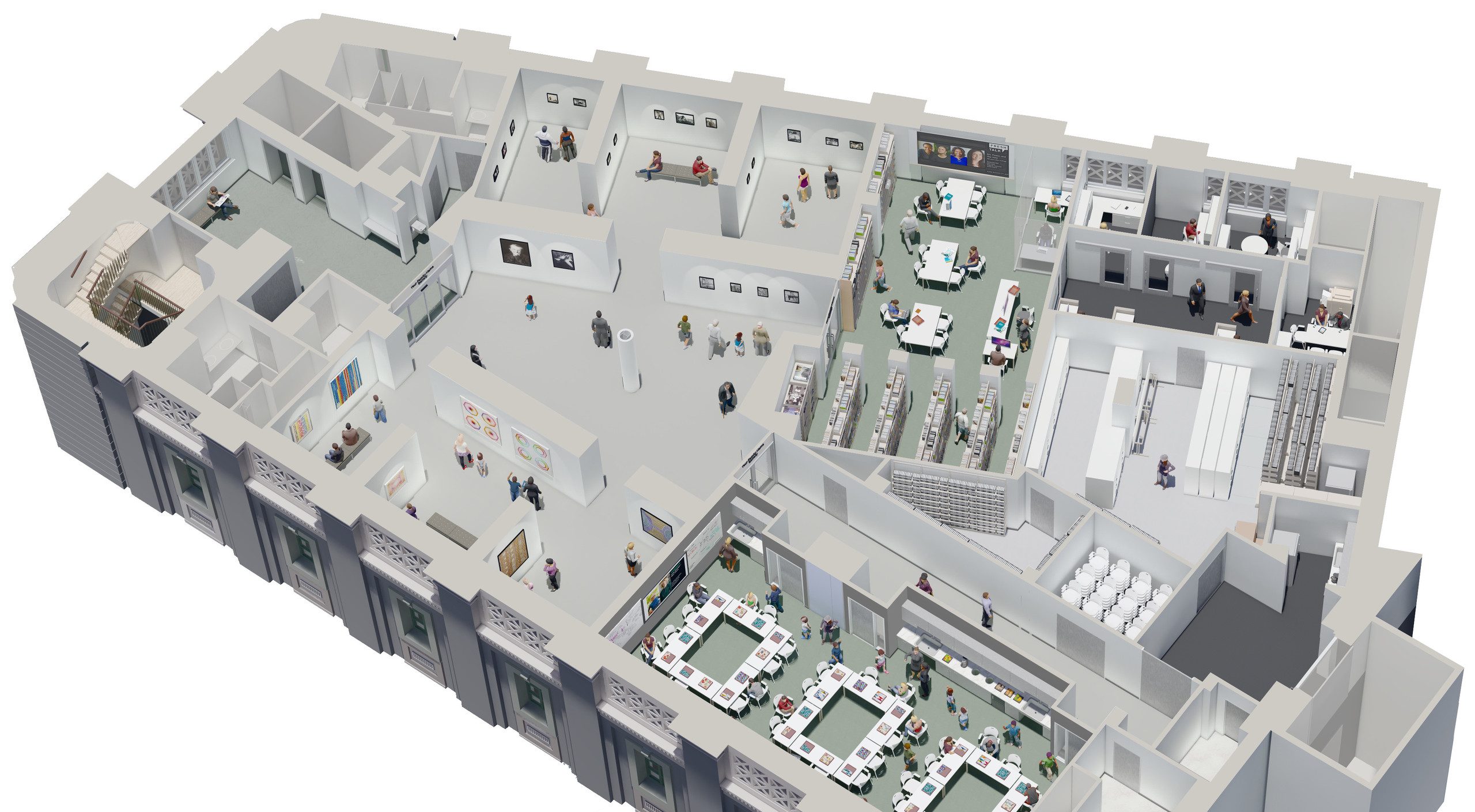 Birds-eye rendering of what the fourth floor will look like, includes a view of the new Library learning commons, the Education Center, and new gallery space..