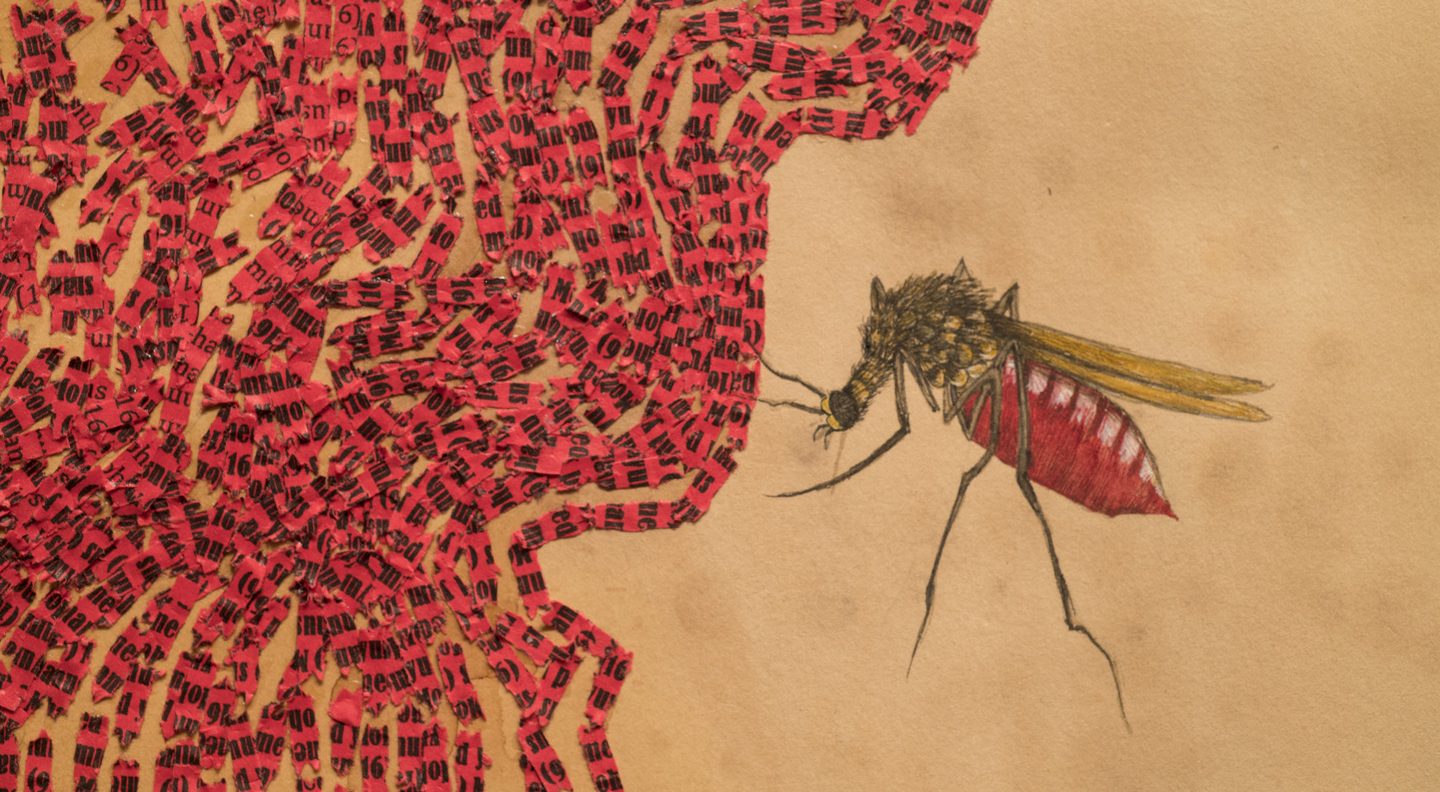 Collaged pieces of red paper with black text are arranged in waves along the left side of a canvas the color of stained tea. On the right side is a hovering insect with wings and red body.