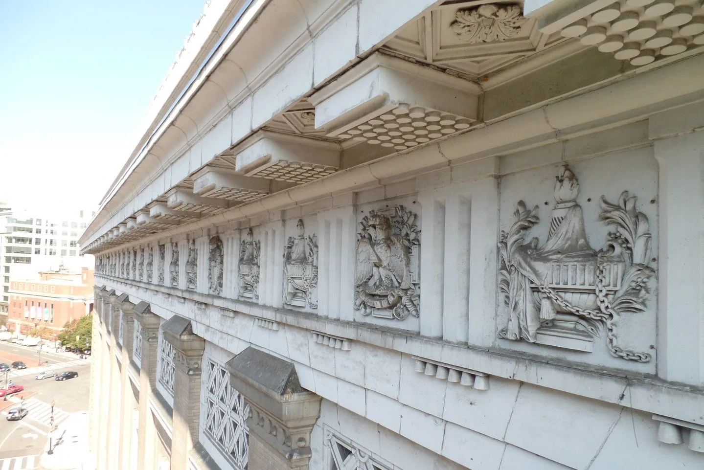 Detail of the building exterior's intricate roof architectural decoration.