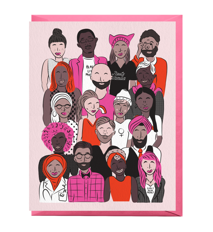 A greeting card featuring an illustration of a mass of different people--women, men, Black, white, Asian.