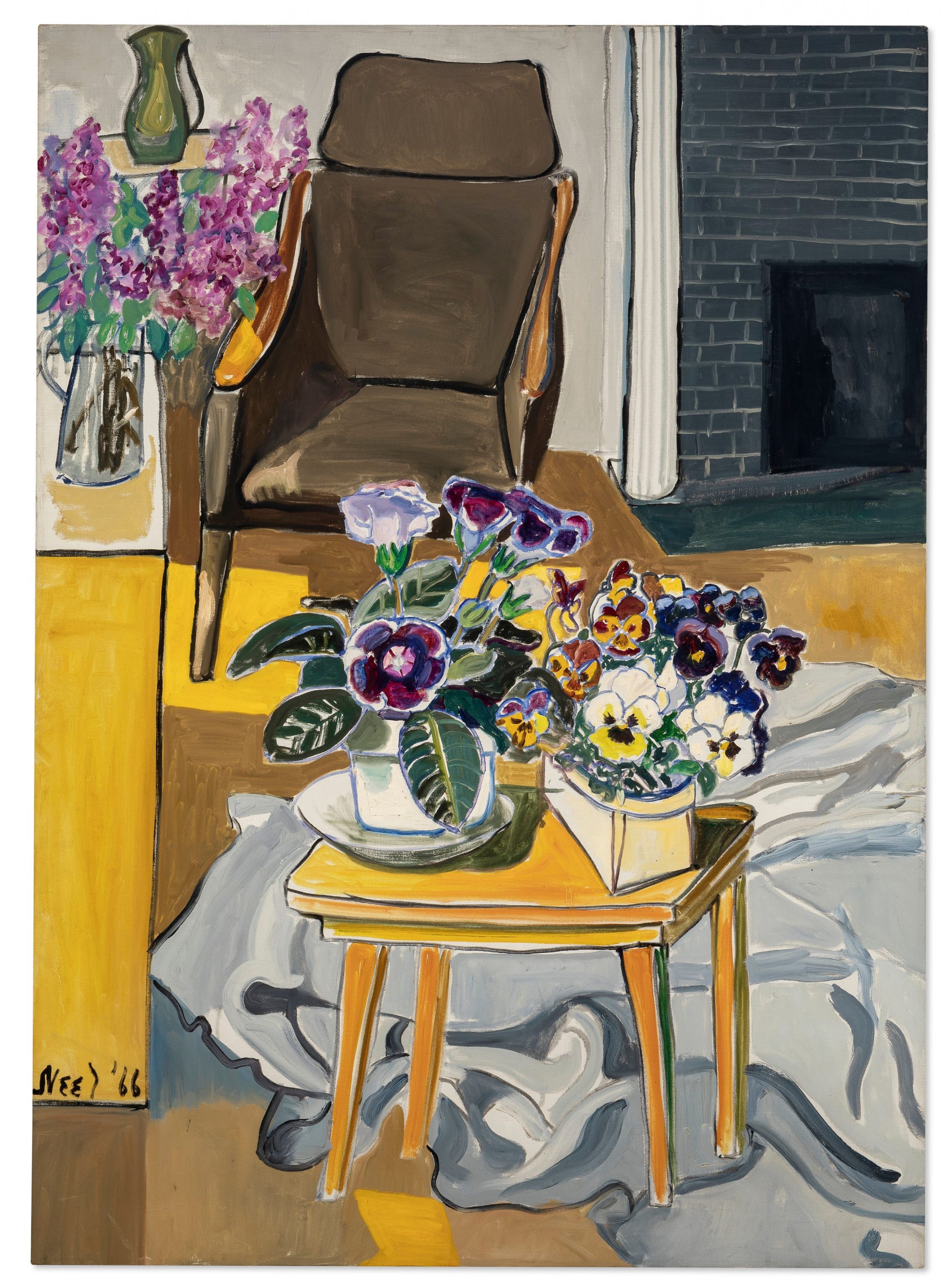 A painting of a doctor's office waiting room, featuring an empty chair next to a fire place and a table in the center of the room with many brightly colored flowers sitting atop it in pots.