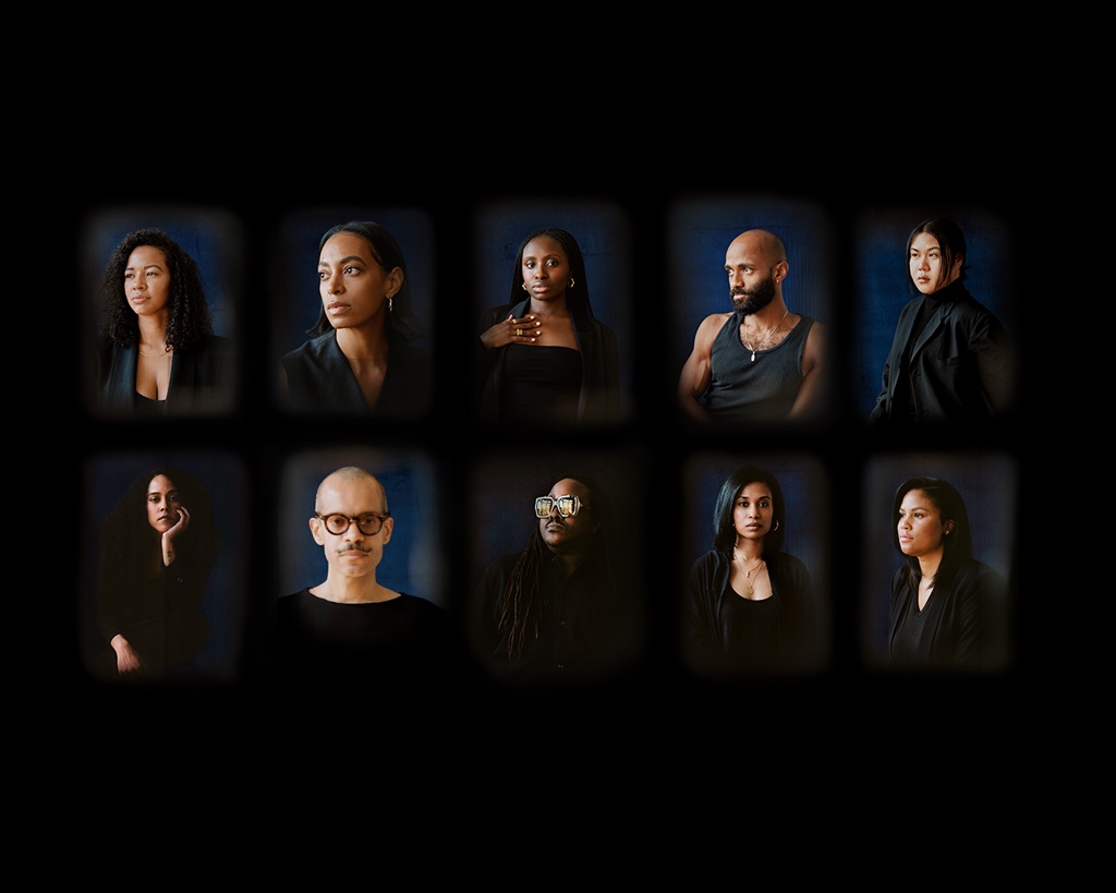 Ten portraits arranged in two rows of five of light to dark skinned women and men. All wear black, some stare at the camera, others off to the left.