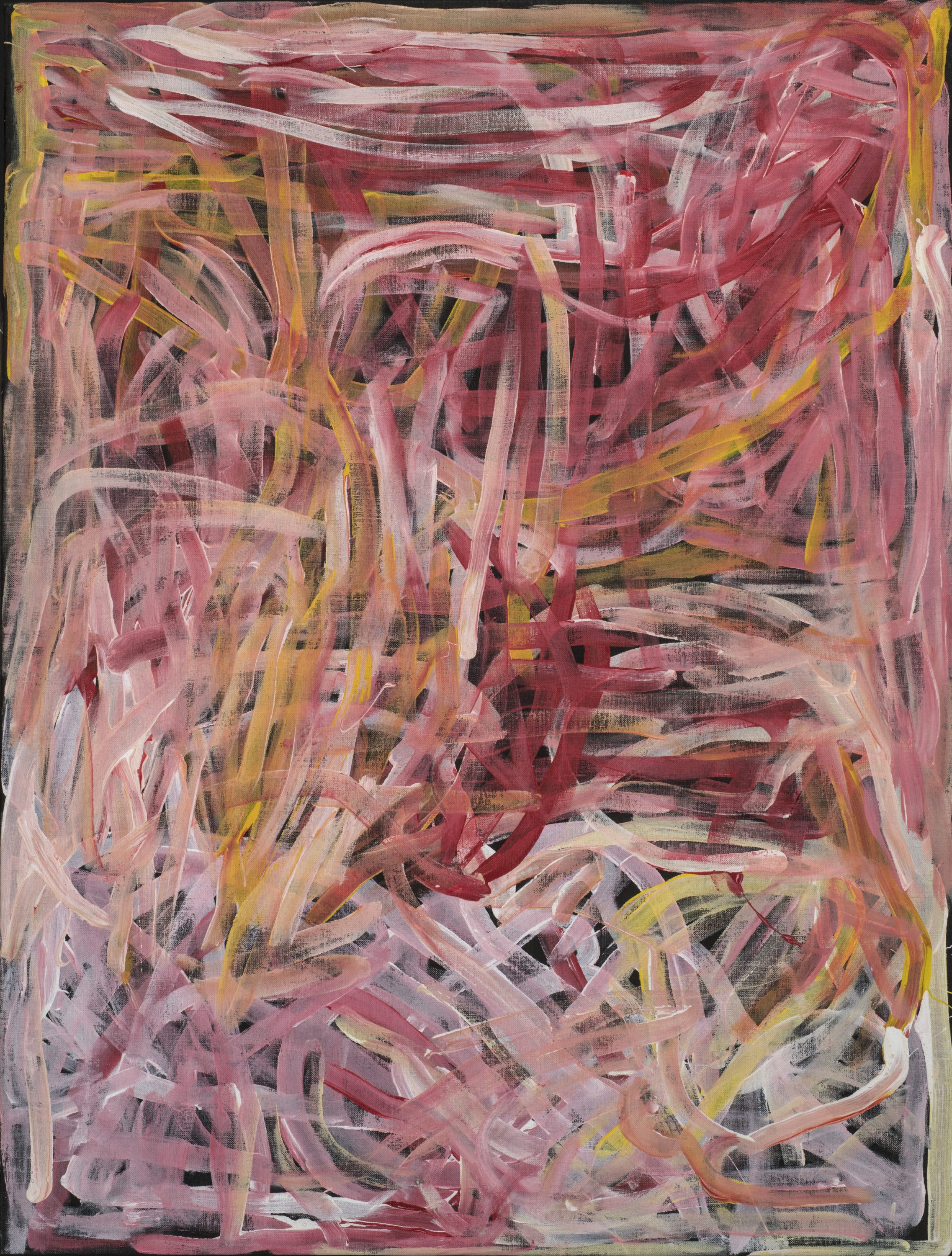 Abstract painting of long, layered brushstrokes in shades of red, pink, orange and white, laid over a black background. The brushstrokes intersect, weave together, and overlap, creating a frenzied web of lines.