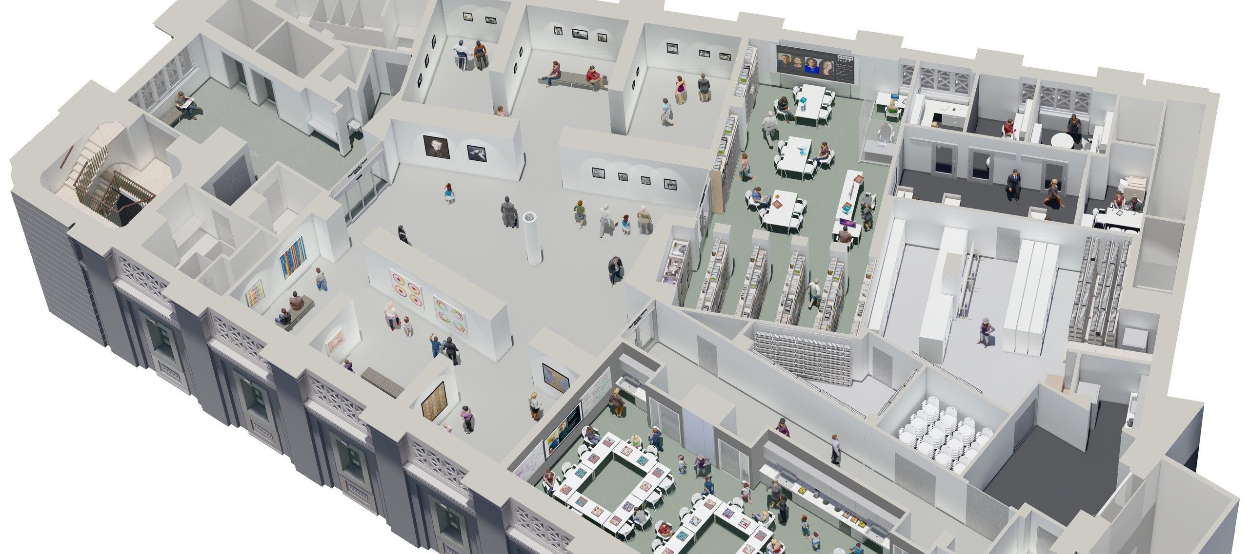 Rendering from above of the Library and Education Center.
