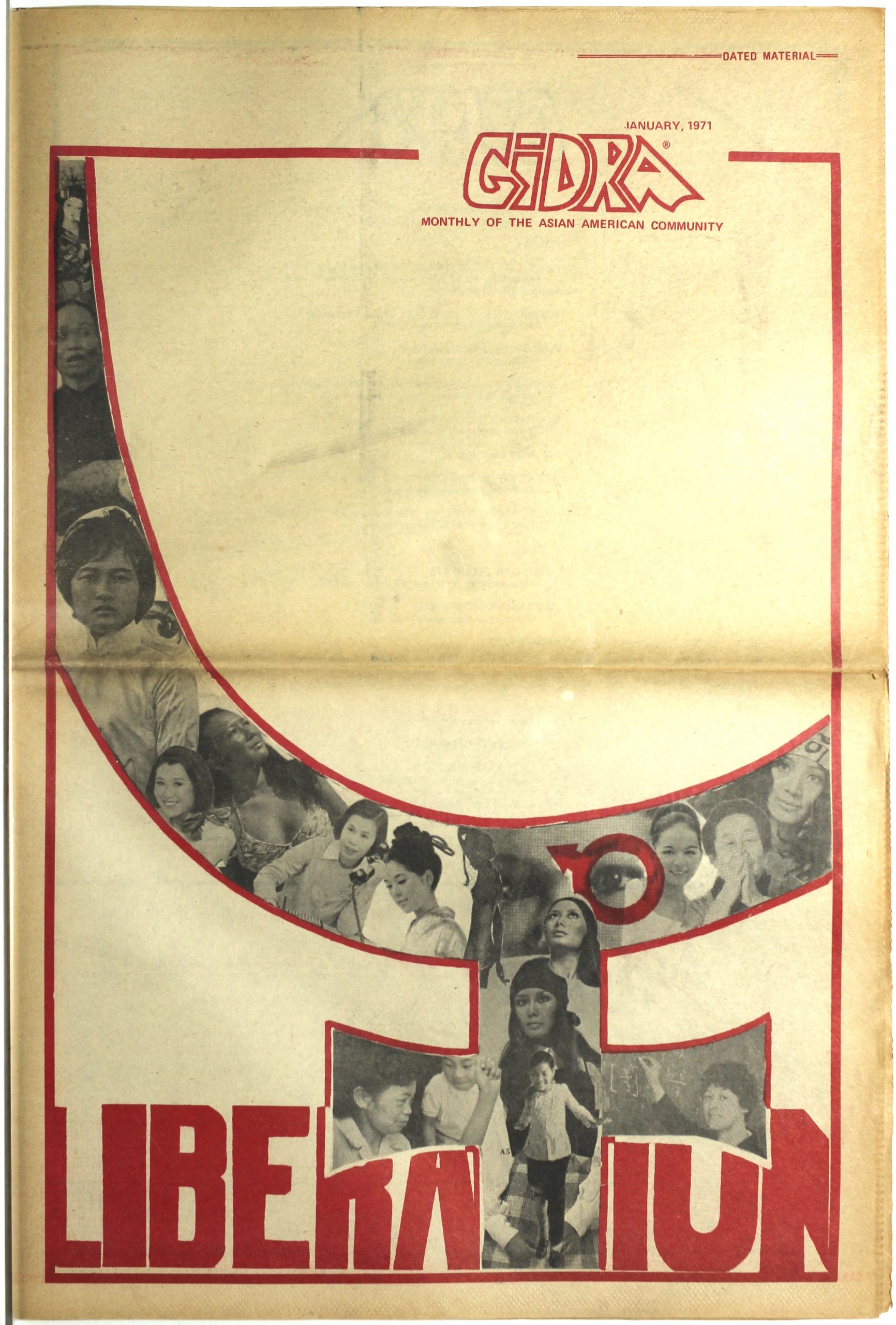 A newsprint magazine page with black-and-white photographs of Asian women arranged within the block outline of a large female glyph. A red male glyph is superimposed on one woman’s eye. At the bottom of the page, red block letters read “liberation,” with the cross of the female glyph forming the letter “T.” A logo at the top reads “GIDRA,” and type below that reads “Monthly of the Asian American Community.”