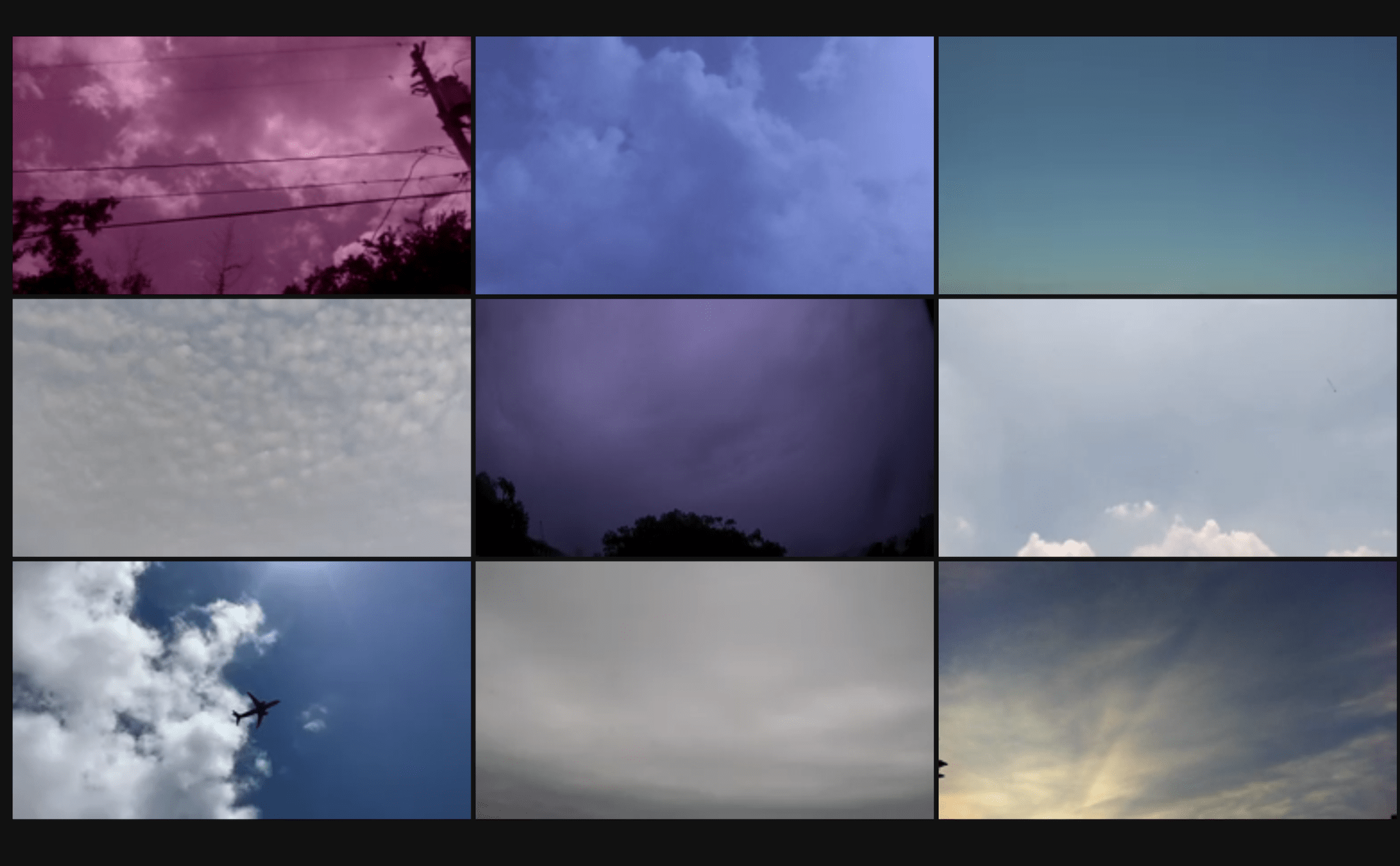 A screenshot of nine rectangular video screens, each of which displays an image of the sky. Two skies are purple and stormy, two skies are gray and overcast, and five skies are blue and sunny with varied patterns of clouds.