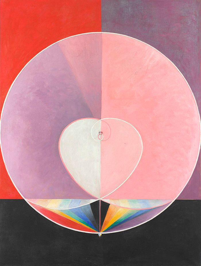 An abstract painting featuring three background squares in red, purple, and grey. Arop a large white circle is painted, with two more concentric smaller circles painted inside of that, forming a heart shape. Below is a color swatch of rainbow colors.