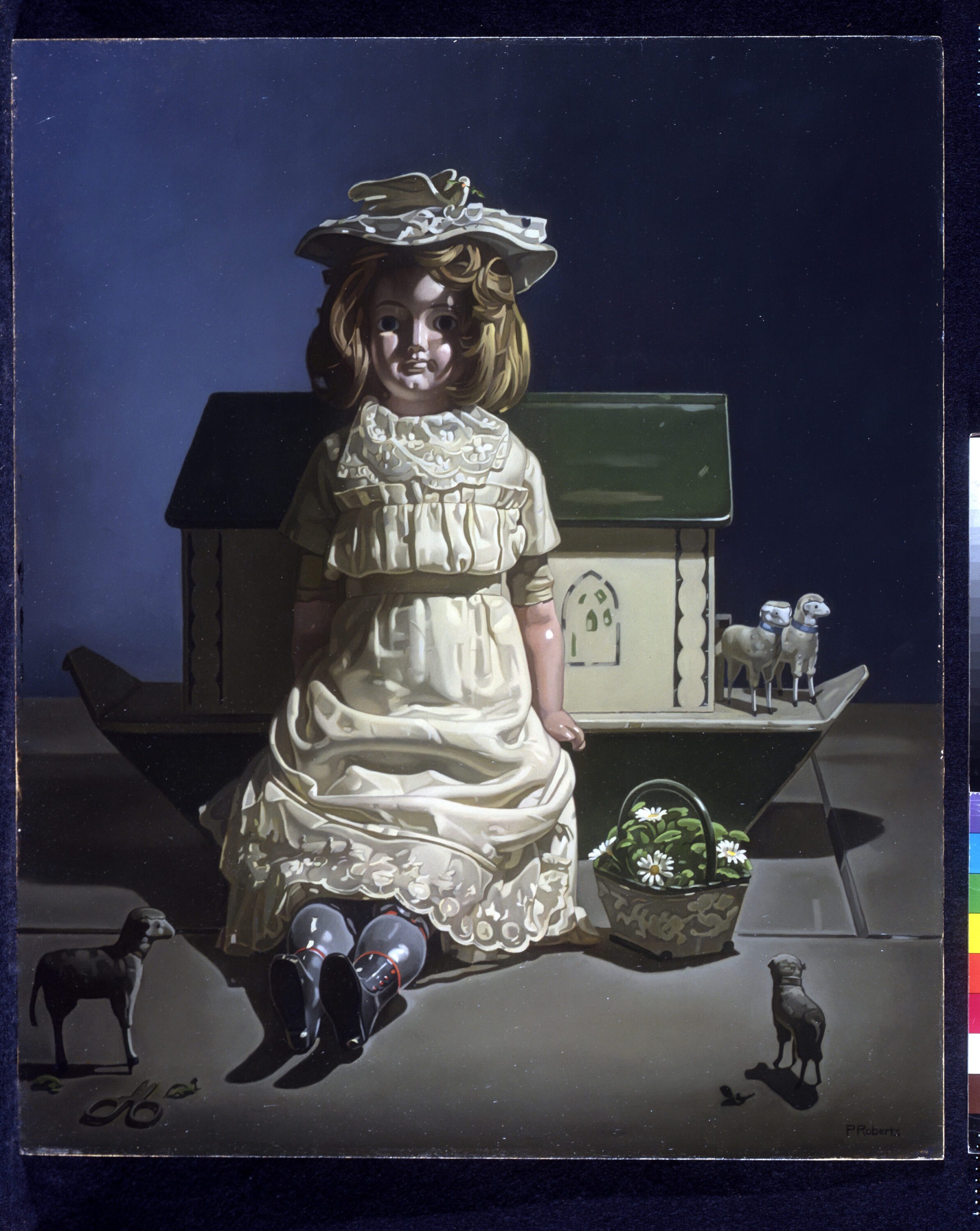 A light-skinned porcelain doll with a blonde bob sits with her back against a simple toy of Noah’s Ark before a blue wall. She wears a long, white dress and sun hat. A few tiny animal figurines and a doll-sized basket of flowers surround her. The scene is painted with severe shadows.