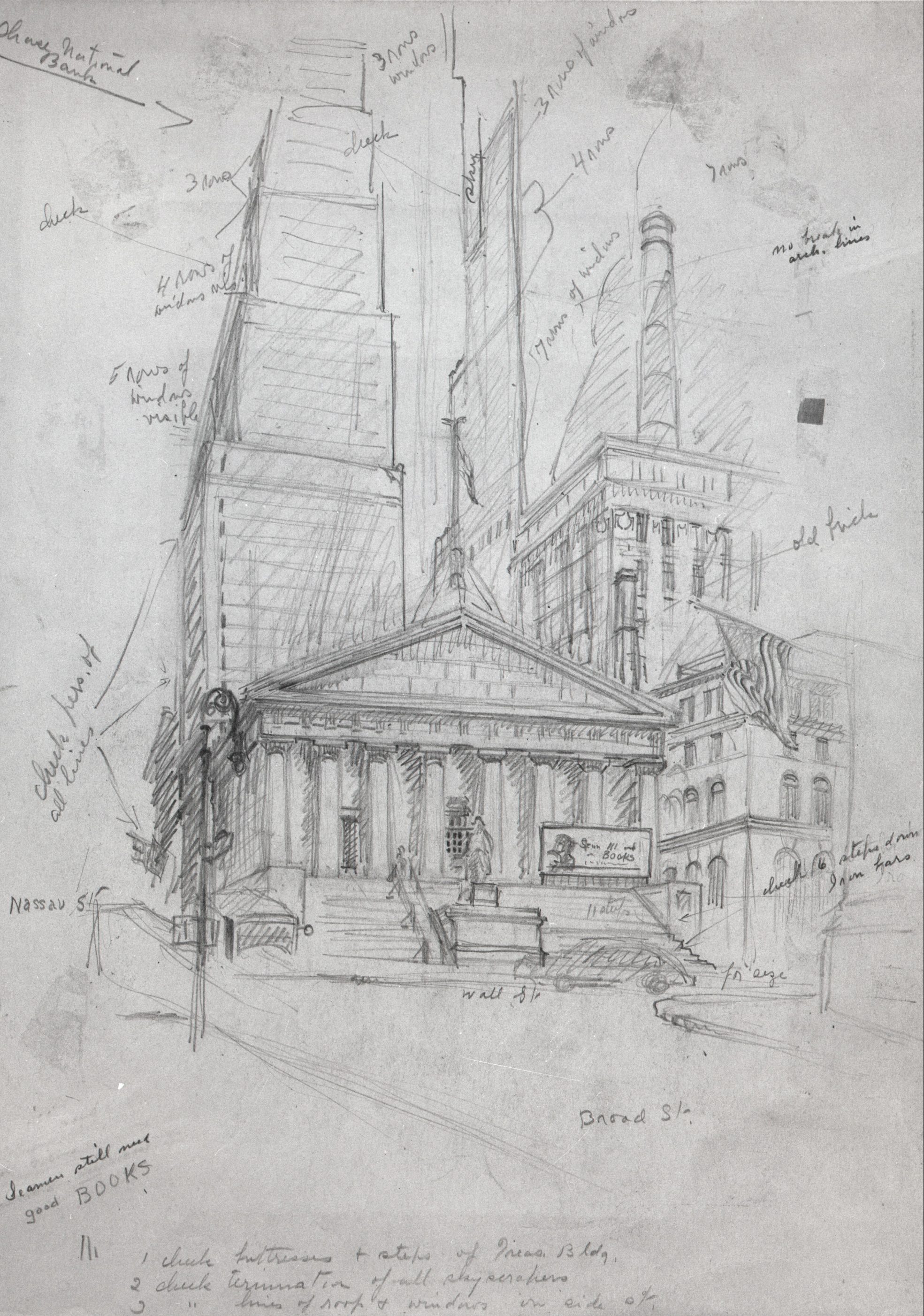 A pencil sketch of a cityscape showing a Greek Revival building behind which skyscrapers tower. Outlines of a car and a pedestrian dot the street and sidewalk in front of the building. Handwritten notes in cursive dots the drawing, pointing to different elements.