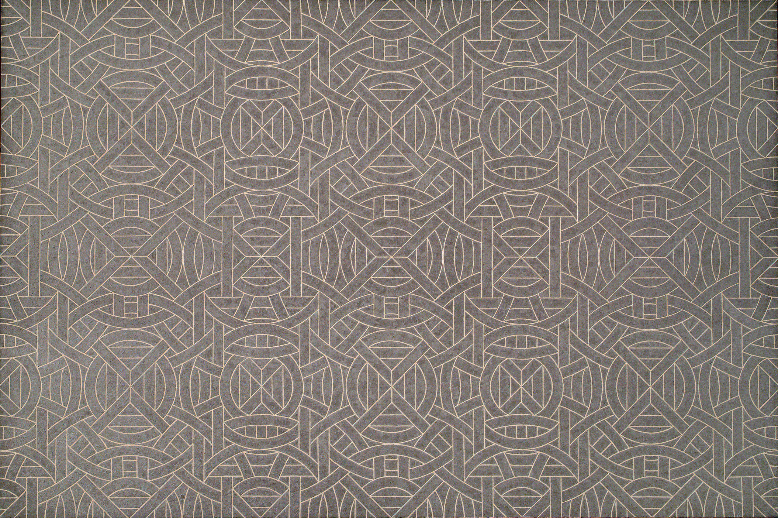 A large, abstract painting features a black/dark grey background atop which geometric forms, arranged in repeating patterns, are painted in silver paint.