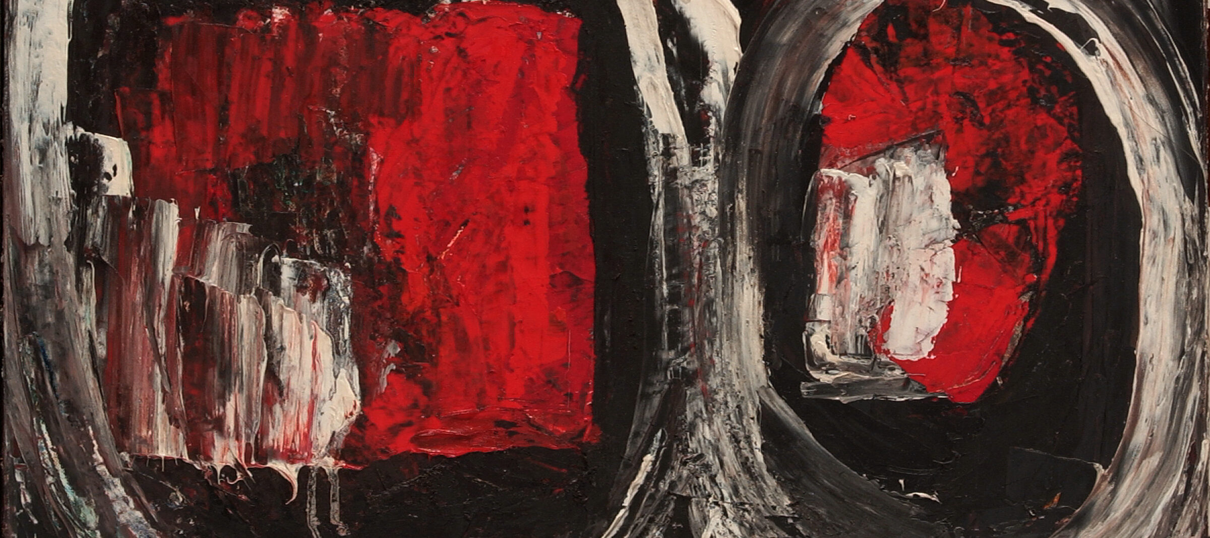 A close up of an abstract oil painting in dark red colors. The background is almost black, and two red spots are surrounded by two white circles.