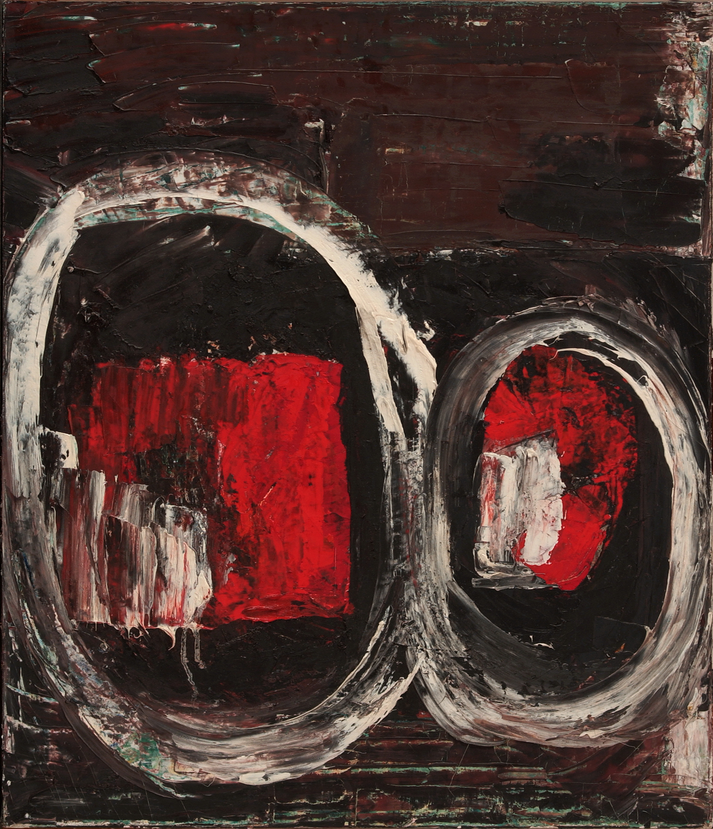 A canvas that has been thickly painted to have a dark brown and black background. The outlines of two large white ovals are placed side by side, spanning the width of the canvas and almost two-thirds the height, and rendered with visible brushwork. The left oval is slightly larger than the right. Inside the ovals are splotches of red and white paint, which have been applied in similarly thick brushstrokes.