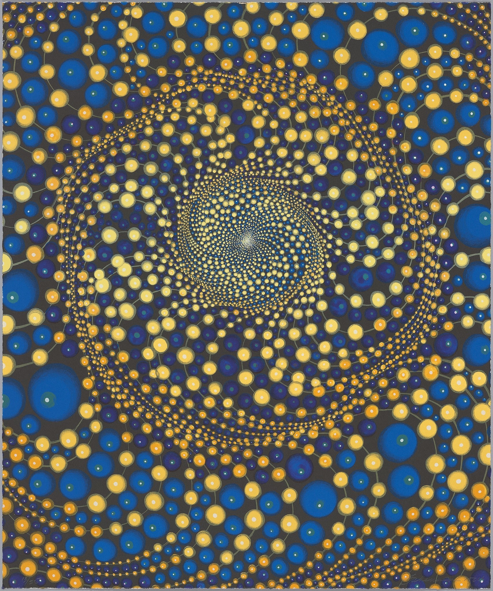 Alternating strands of yellow and blue orbs resembling beads swirl out from a central, circular point above the center of a rectangular painting. The orbs emanate out from the center, starting densely clustered and spreading out and getting bigger toward the painting's edges.