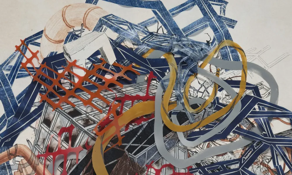 Mixed media work on paper depicts a tangle of colorful forms in the center of the paper. Some forms are printed abstracted architectural structures and pipes. Other forms are made out of mylar and represent hoses and plastic fencing.