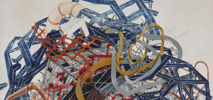 Mixed media work on paper depicts a tangle of colorful forms in the center of the paper. Some forms are printed abstracted architectural structures and pipes. Other forms are made out of mylar and represent hoses and plastic fencing.