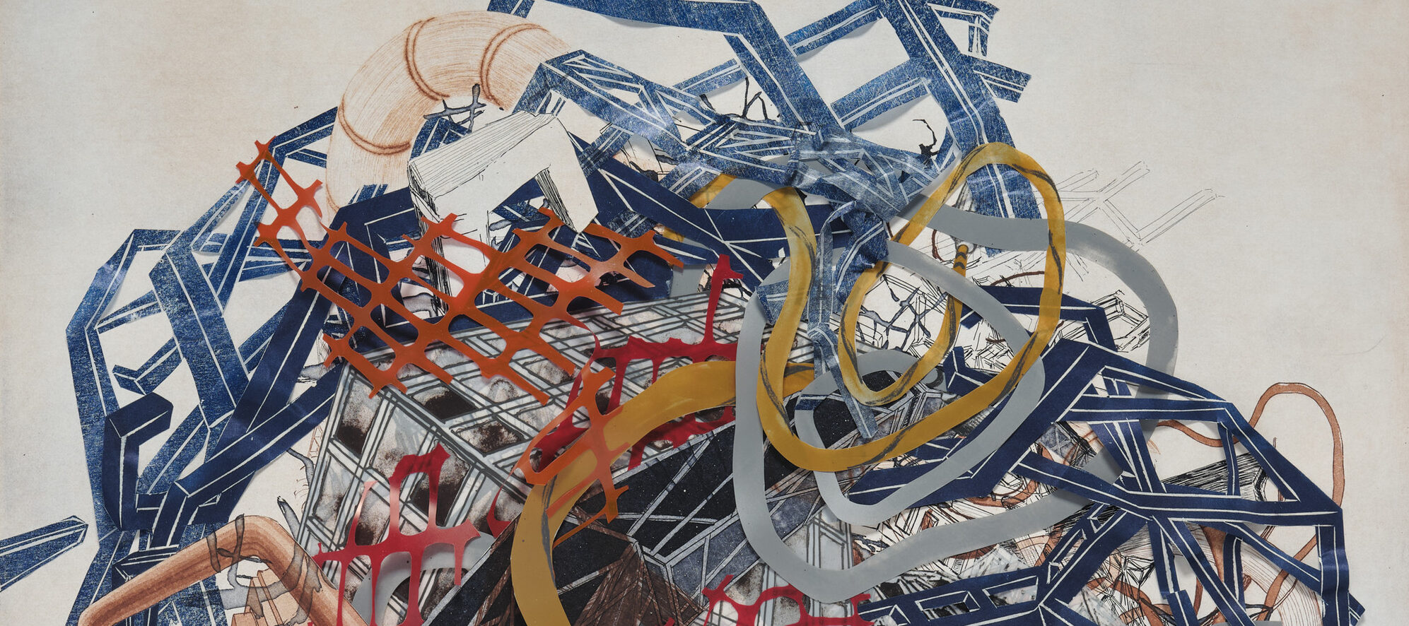 Mixed media work on paper depicts a tangle of colorful forms in the center of the paper. Some forms are printed abstracted architectural structures and pipes. Other forms are made out of mylar and represent hoses and plastic fencing.