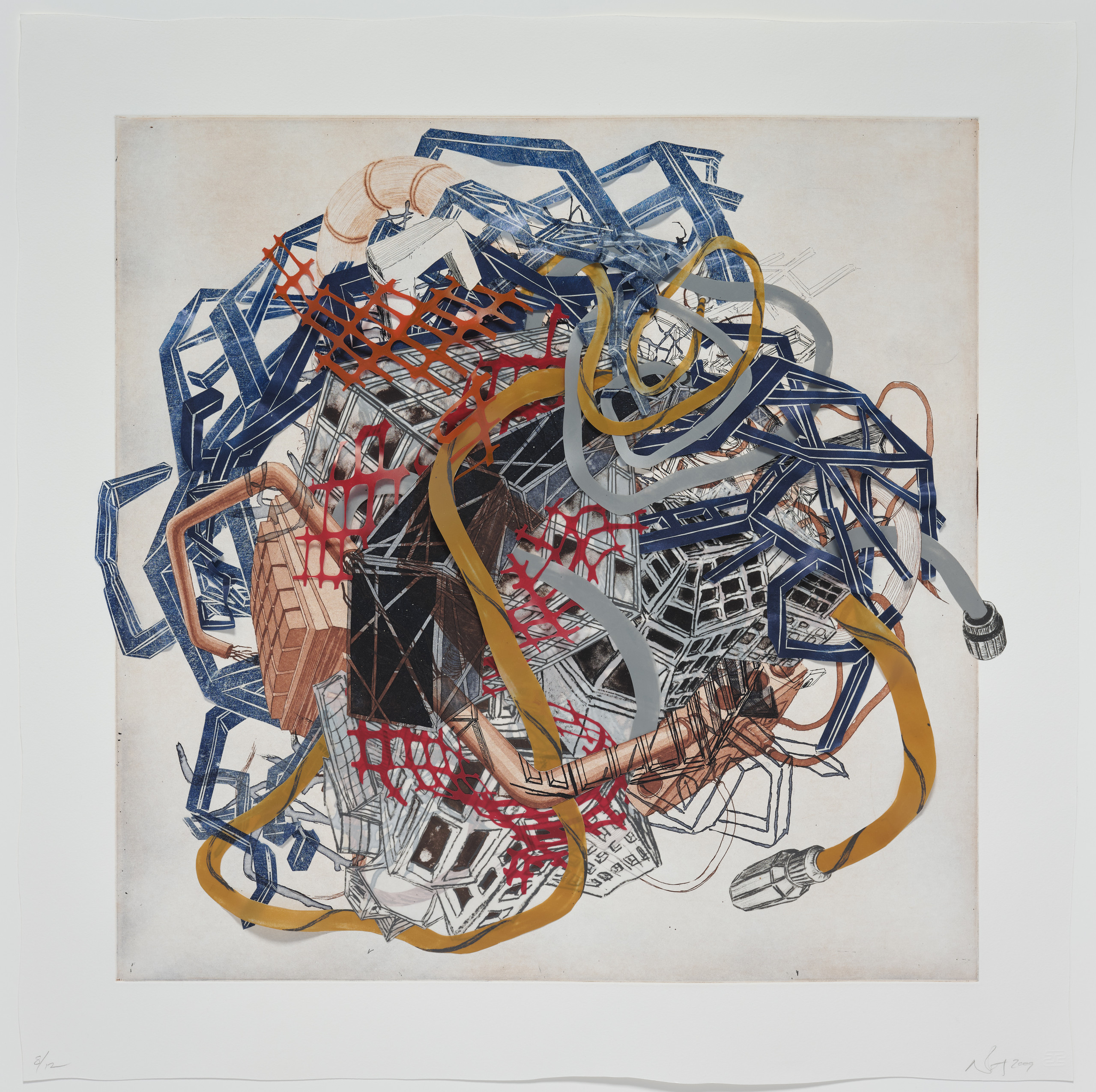 Mixed media work on paper depicts a tangle of colorful forms in the center of the paper. Some forms are printed abstracted architectural structures and pipes. Other forms are made out of mylar and represent hoses and plastic fencing.