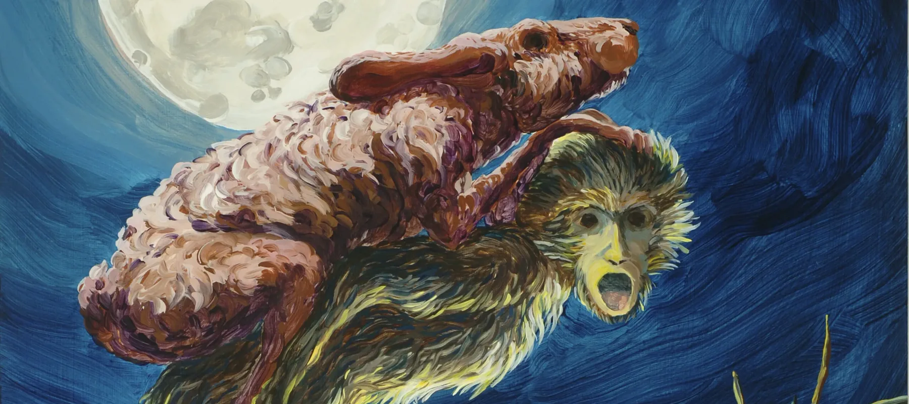 A spindly, brown, shaggy monkey facing right and climbing up a rocky slope. Its head is turned toward the viewer, showing dark eyes and a gaping mouth. Piggybacking on the monkey is a scrawny, mottled rabbit. A bright, full moon looms over the duo in a navy sky.