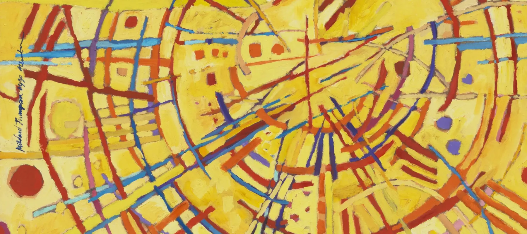 Abstract painting features a vivid yellow background covered by circles, daubs, and straight and wavy lines in red, orange, cobalt, sky blue, and violet. Arcing red strokes evoke concentric circles. Straight lines in other hues radiate out from the center circle like a starburst.