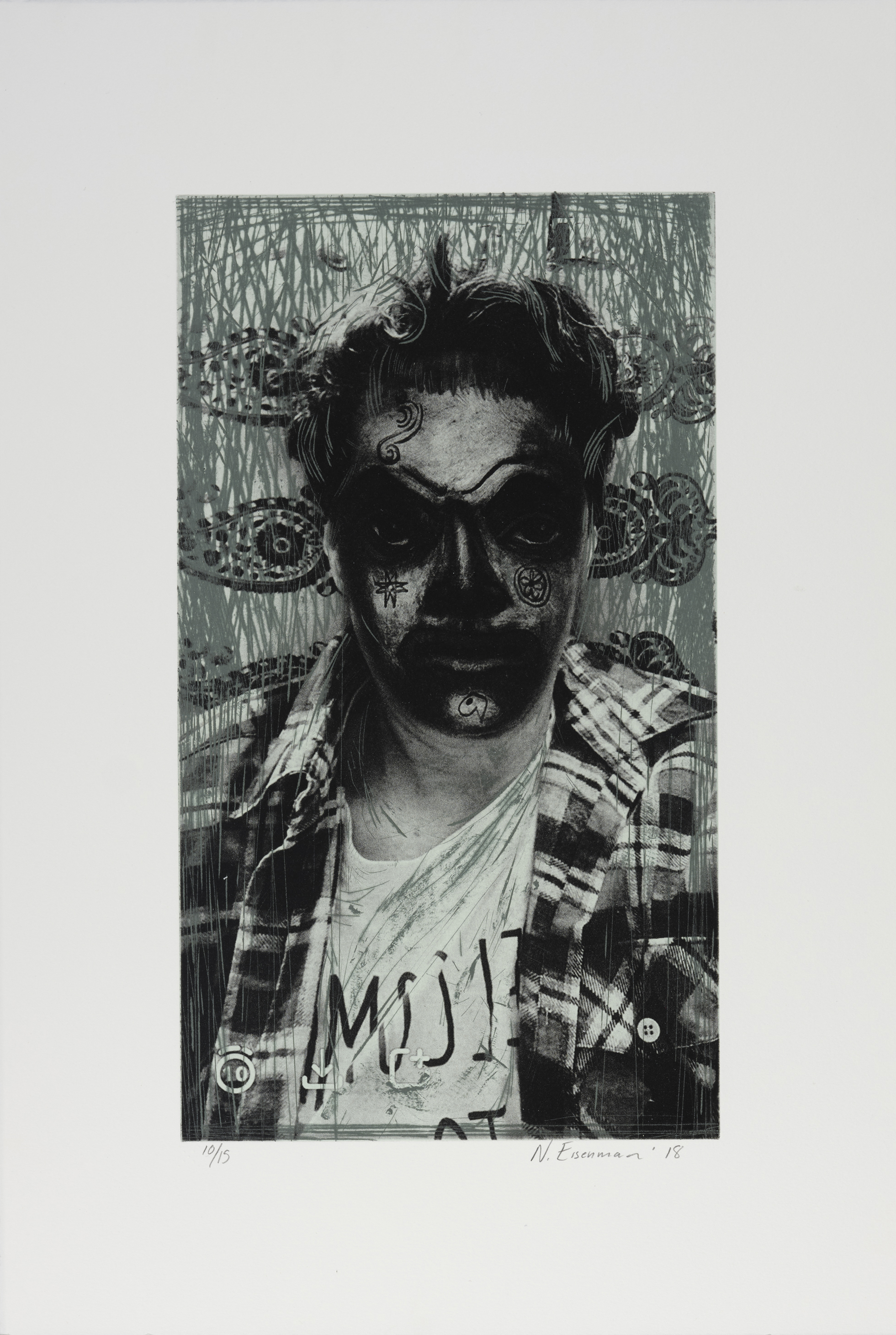 Etching of a light skinned figure with dramatic dark shading around their eyes, along their noes, lips, and chin. The figure is wearing an unbuttoned black and white plaid flannel shirt and a white tee shirt with handwritten black lettering underneath. Th