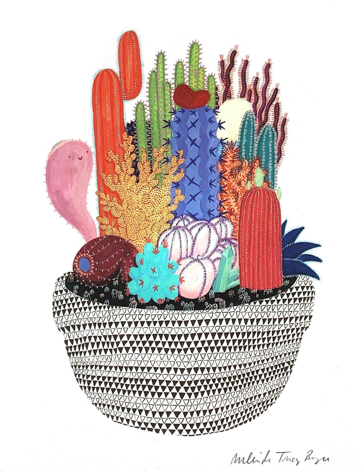 A whimsical illustration of different types of cacti arranged in a patterned planter.