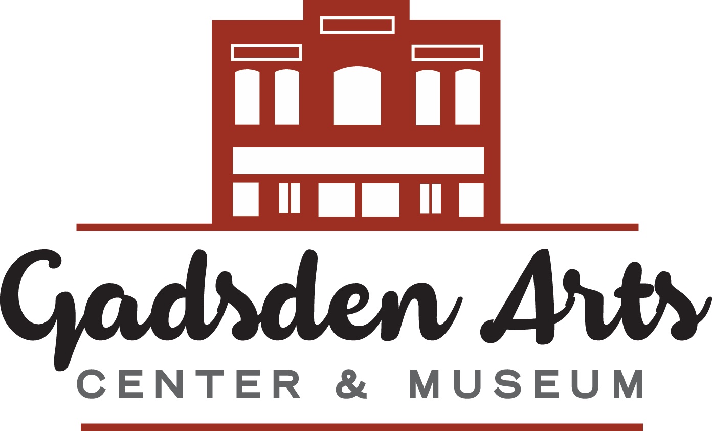 Gadsden Arts Center & Museum logo, featuring a simplified, red illustration of the museum building over the museum's name in black and gray text.