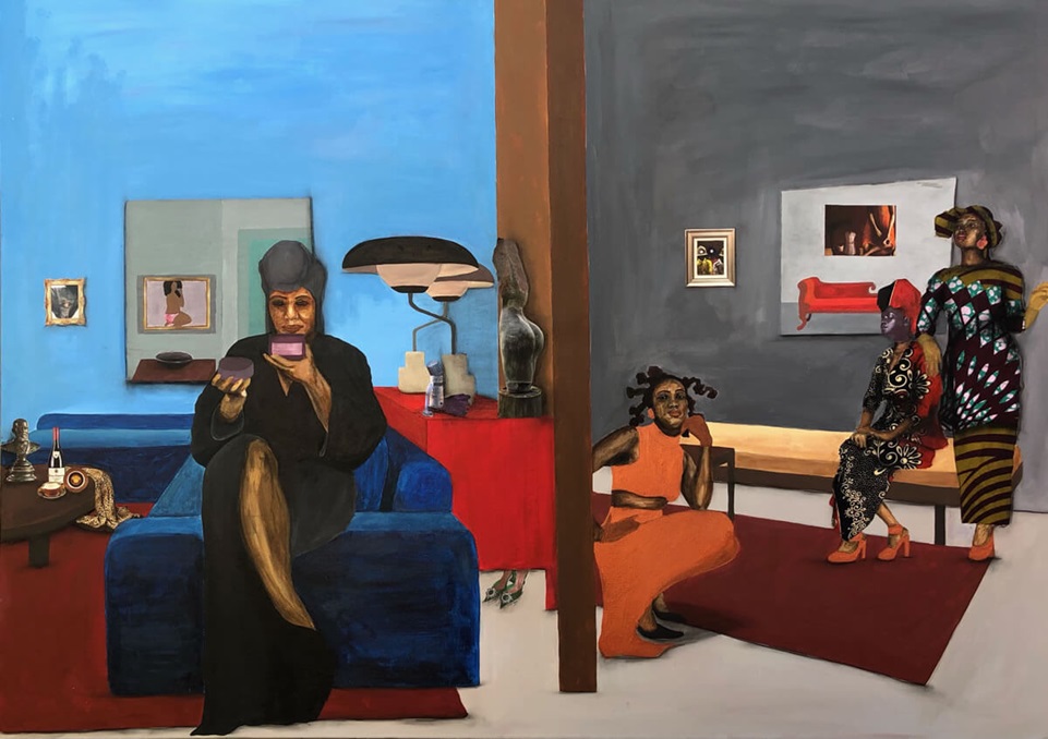 A painting of four African women on a horizontal canvas. On the left, a medium-dark-skinned woman wearing a dark brown robe and matching hair covering sits on the arm of a sofa in a well-decorated room. She looks out at the viewer while sipping from a cup. Separated by a painted wall, on the right side of the canvas are three women in a dark-gray room containing two small paintings. Near the canvas midline, a medium-dark-skinned woman wears an orange outfit and crouches on the ground while gazing out of the picture plane. Near the right edge of the canvas, one dark-skinned woman sits on a golden bench, gazing to the side, while another dark-skinned woman stands, chin lifted and resting a hand on the seated woman’s shoulder. Both wear multi-colored hair coverings and embellished black dresses.