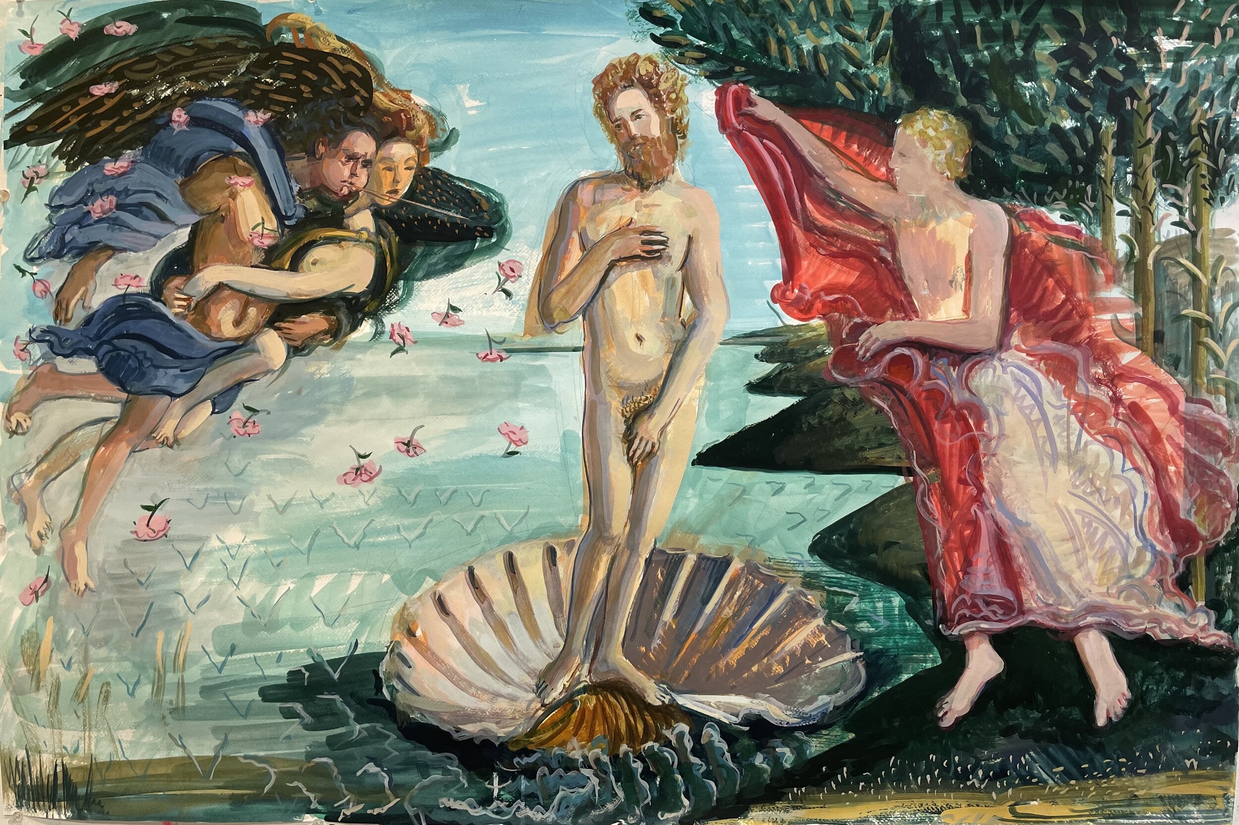 A painting depicting a biblical Adam-figure emerging from a large seashell. He is surrounded by three other etheral figures. The background is a whimsical nature scene.