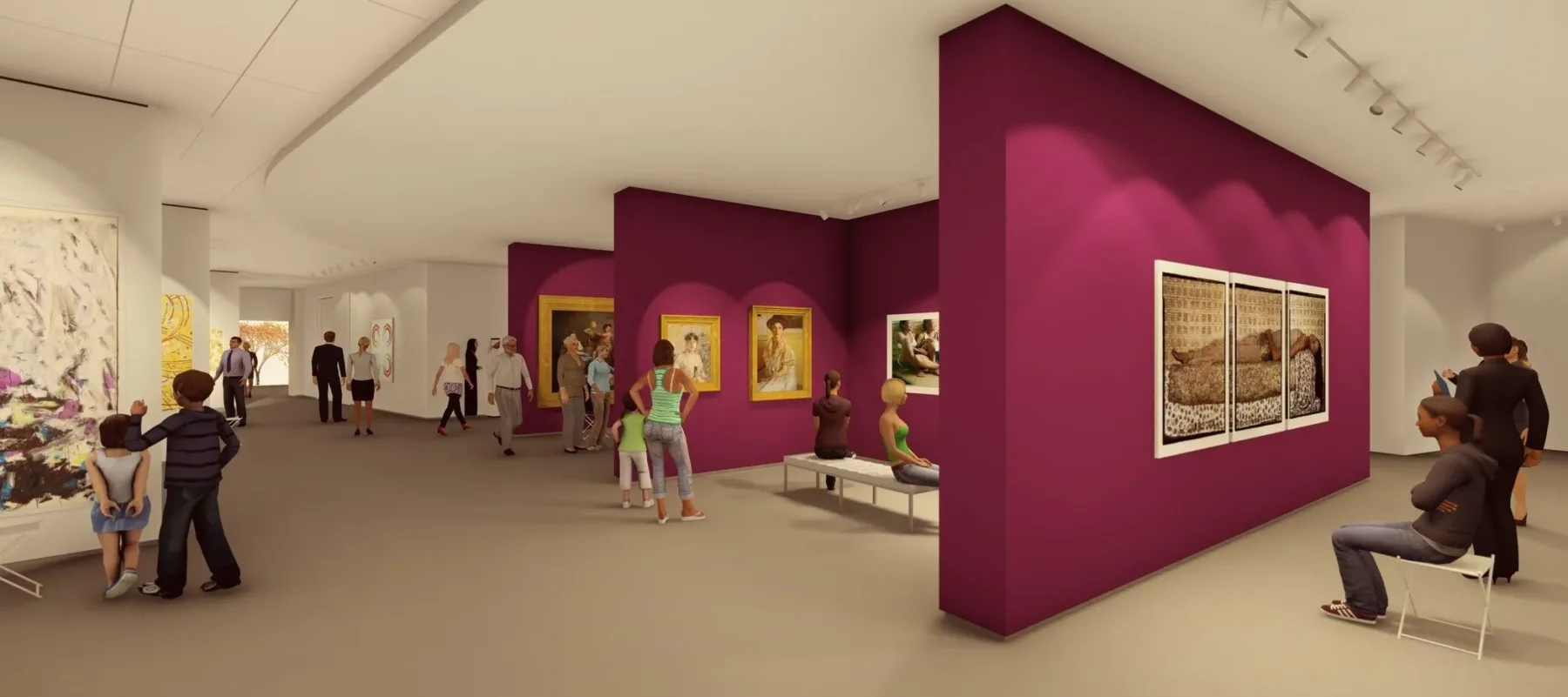 Architectural rendering of the gallery. People of all ages look at artwork hung on white and magenta walls.