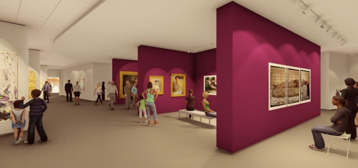 Architectural rendering of the gallery. People of all ages look at artwork hung on white and magenta walls.