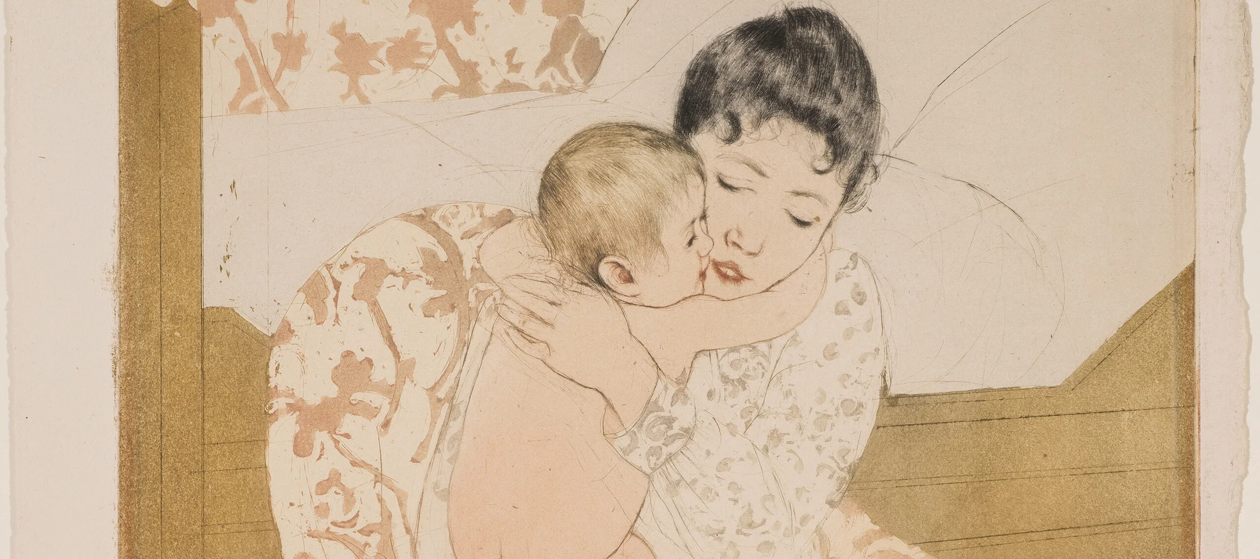 A print shows a dark-haired, light-skinned woman sitting in a chair before a simple bed and closely embracing a naked infant. The baby’s arm encircles her neck, and their cheeks touch. The lack of shading and the pattern repeated on the back wall and chair flatten the space.