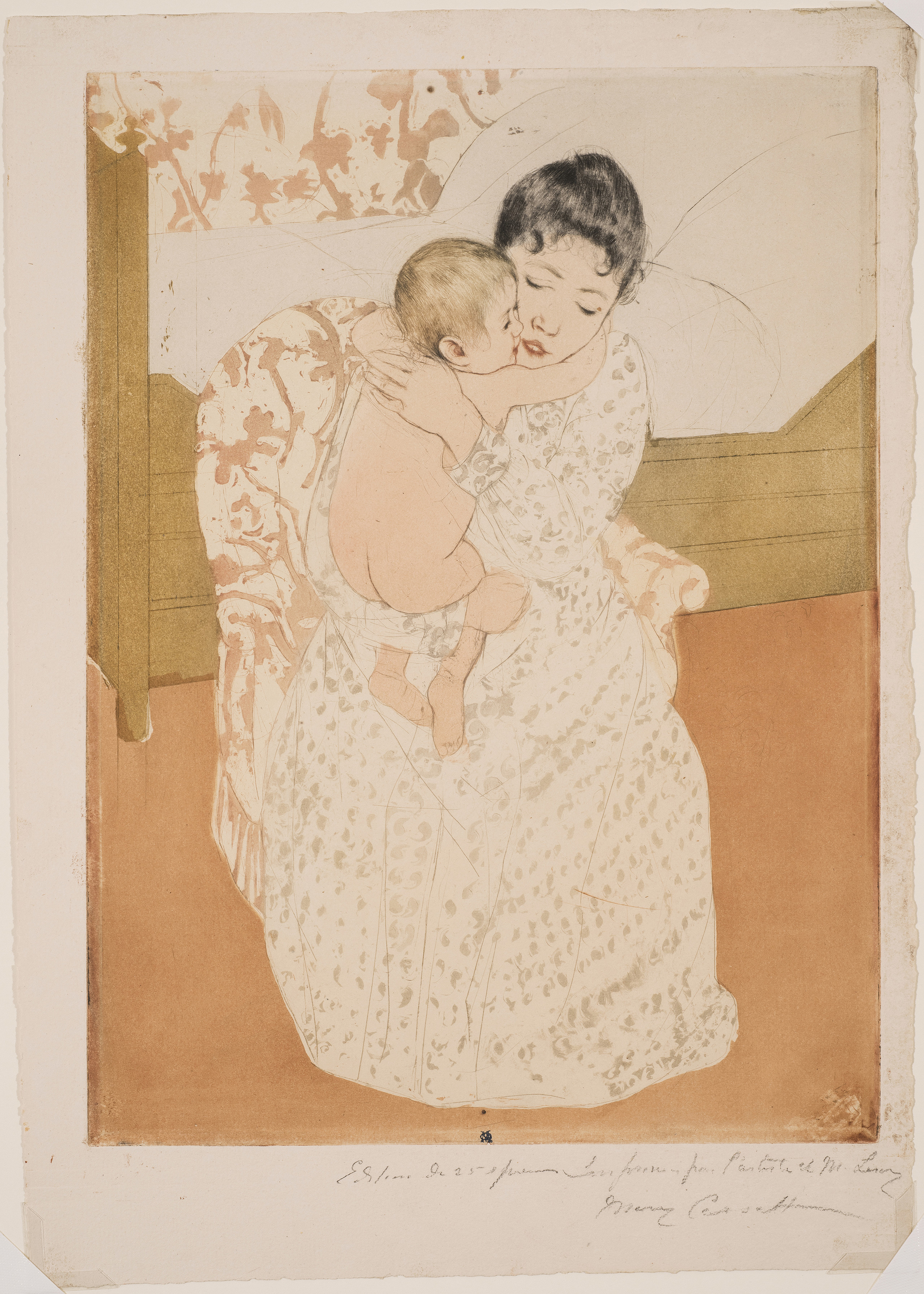 A print shows a dark-haired, light-skinned woman sitting in a chair before a simple bed and closely embracing a naked infant. The baby’s arm encircles her neck, and their cheeks touch. The lack of shading and the pattern repeated on the back wall and chair flatten the space.