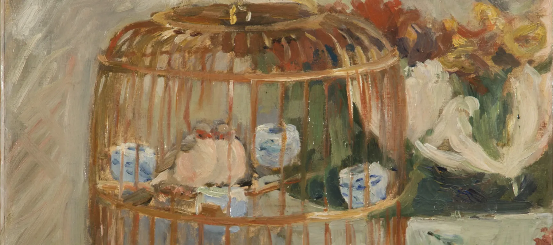 Rendered in loose, impressionistic brushstrokes in muted pastel tones, the still life painting depicts a brass birdcage with two small birds cuddled next to each other on a perch. The cage sits adjacent to and partially obscures a bowl of lush red, yellow, and white flowers.