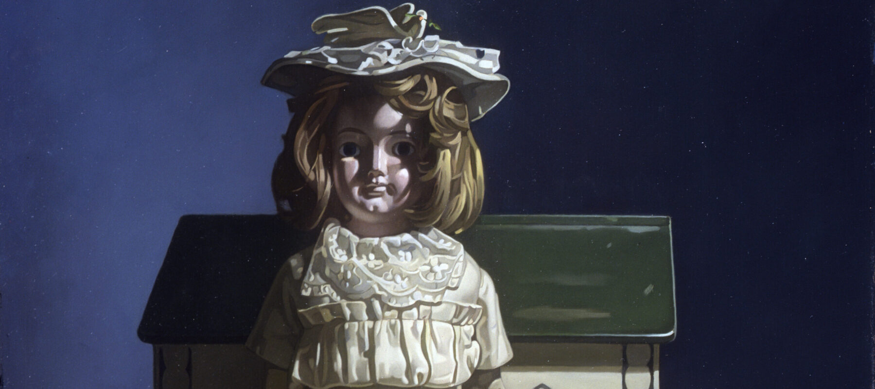 A light-skinned porcelain doll with a blonde bob sits with her back against a simple toy of Noah’s Ark before a blue wall. She wears a long, white dress and sun hat. A few tiny animal figurines and a doll-sized basket of flowers surround her. The scene is painted with severe shadows.