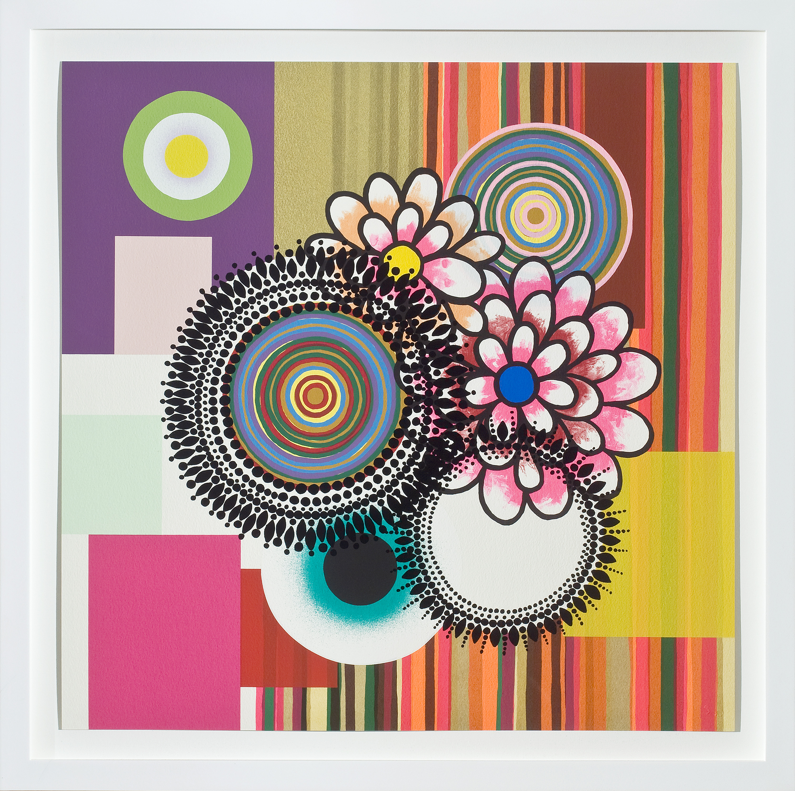A square, vibrant print with colorful pink flowers and colorful, mandala-like circles against a geometric background of different colored rectangles and vertical stripes.