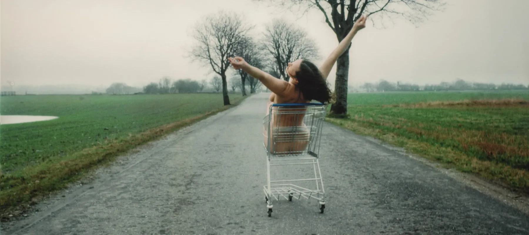 A photograph shows the nude artist sitting in a metal grocery cart. It is located on a paved road in a flat, empty landscape under a gray, misty sky. Her back to the viewer, the light-skinned, brunette woman holds her raised arms in a wide V-shape, suggesting joy or abandon.