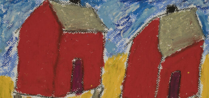A colorful oil pastel work rendered in a basic, child-like style, depicting two square, red shacks with gray roofs and short, gray stilt bottoms sit atop a yellow ground and against a sky blue background.