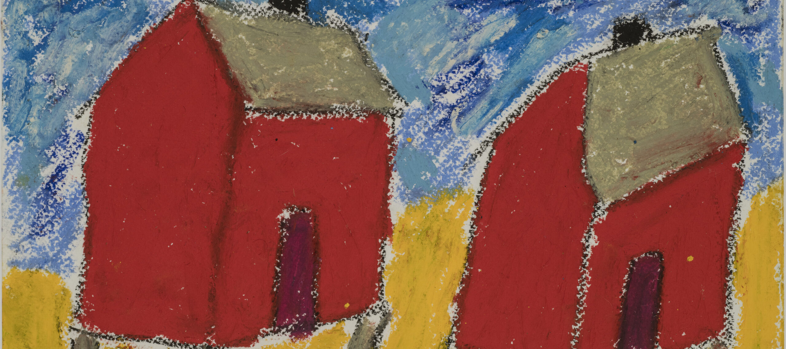 A colorful oil pastel work rendered in a basic, child-like style, depicting two square, red shacks with gray roofs and short, gray stilt bottoms sit atop a yellow ground and against a sky blue background.