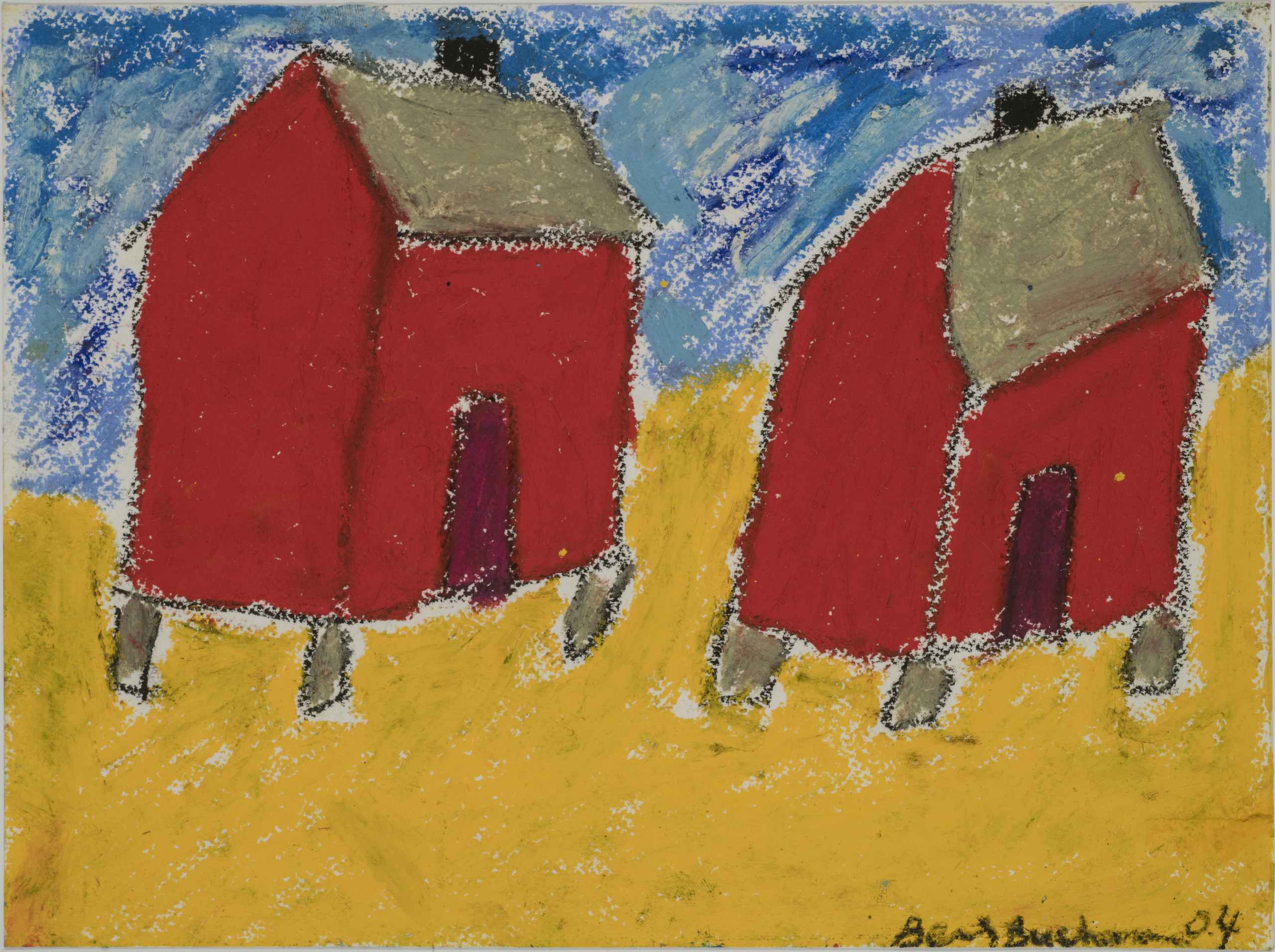 In this painting, two square red shacks with grey roofs and short, grey stilt bottoms sit atop a yellow ground and against a sky blue background. The painting is rendered in a basic, child-like style.