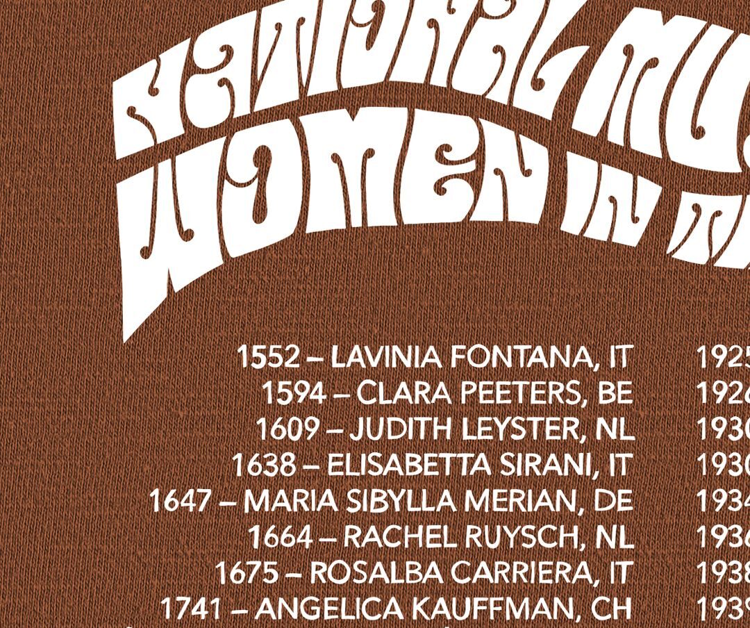 A close-up photograph of the back of a brown T-shirt with white lettering that shows the birthdates, names, and birth location of women artists throughout history. This particular detail starts with Lavinia Fontana of Italy in 1552 and ends with Angelica Kauffman of Switzerland in 1741.