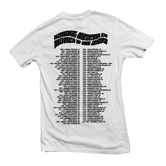 White t-shirt lists the names, birth year and home countries of 75 women artists, many in NMWA’s collection, in black lettering and in the two-column style of show dates on a rock tour.
